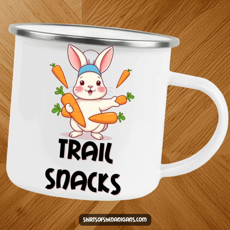 Funny camping mug featuring a rabbit in a chef hat comically juggling oversized carrots, perfect for outdoor cooking and enjoyment.