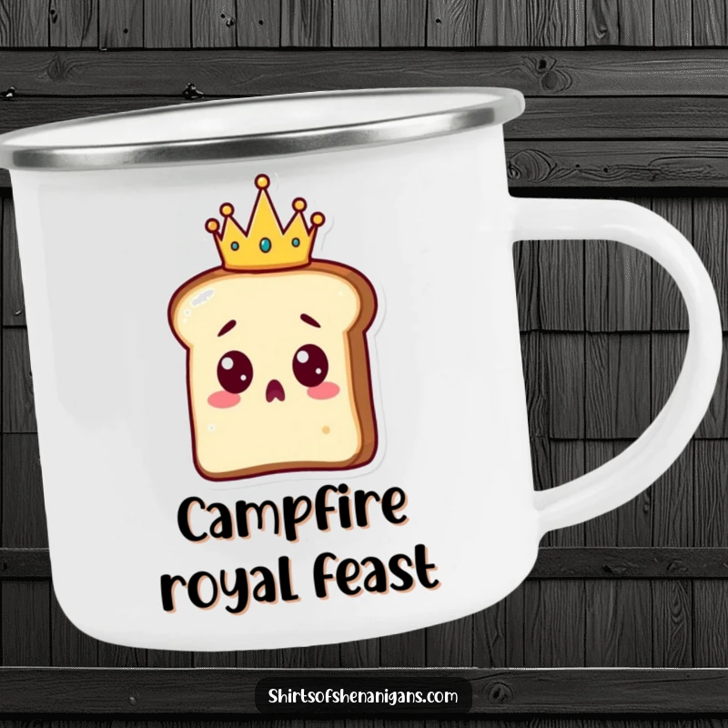 Funny Toast Camping Mug: A surprised slice of toast wearing a tiny crown, embodying regal outdoor fun.