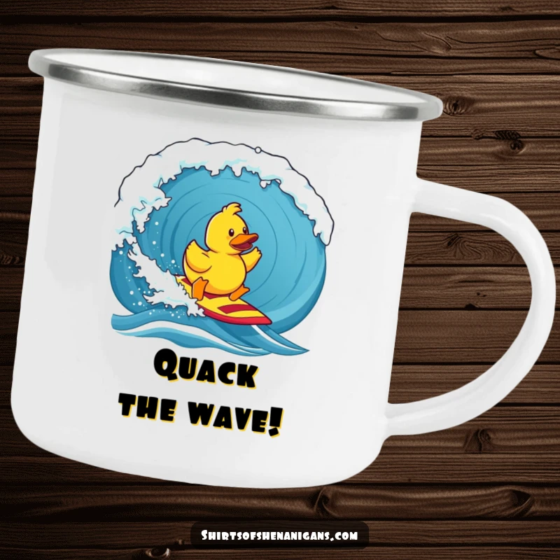 Funny camping mug, a determined rubber duck surfing a giant wave, ideal for outdoor adventures and humor.