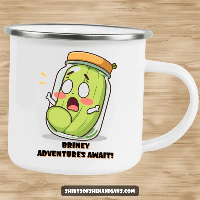 Funny shocked pickle leaping from a jar with surprise, on a durable camping mug for outdoor adventures.