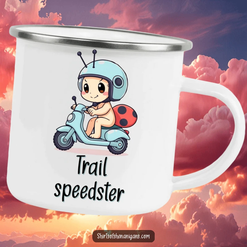 Funny snail camping mug showing a determined snail wearing a tiny helmet, racing a ladybug scooter, great for outdoor humor.