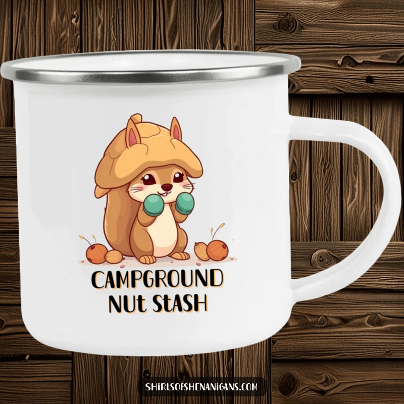 Funny squirrel camping mug featuring a squirrel in mittens building a giant nut house, perfect for outdoor humor.