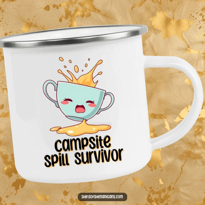 Funny, durable camping mug featuring a startled teacup dramatically spilling its contents.