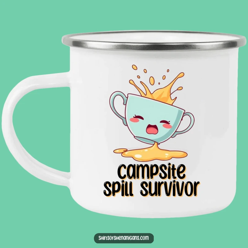 Funny Startled Teacup Camping Mug: Durable, spill humor, dramatic design, perfect funny gift for campers.