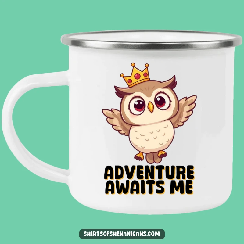 Funny Surprised Owl Crown Camping Mug - Rugged Royal Bird Adventure
