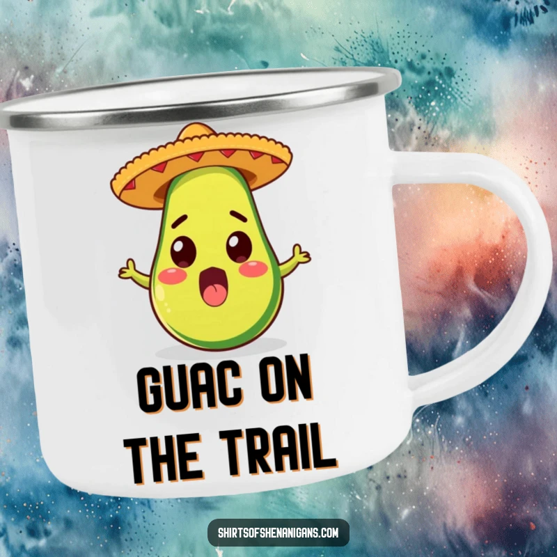Funny camping mug with a surprised avocado in a sombrero, bringing fiesta humor to the outdoors, a great funny gift.
