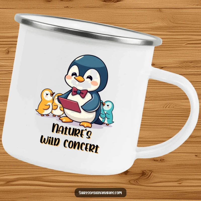 Funny camping mug with a penguin in a bowtie conducting an orchestra of squeaks, perfect for outdoor enjoyment.