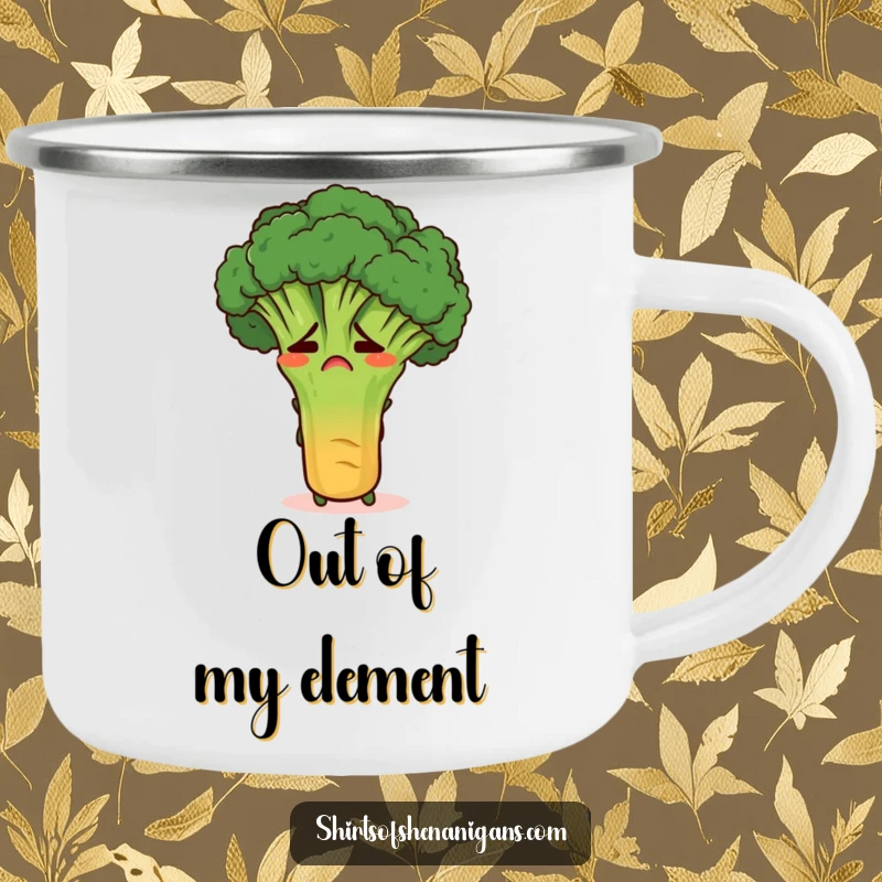 Funny embarrassed broccoli hiding behind a carrot on a durable camping mug, bringing humor to outdoor drinking experiences.