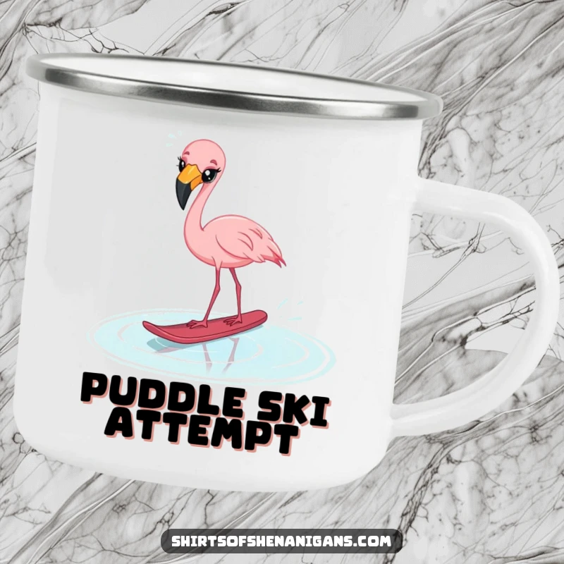 Funny startled flamingo camping mug, cross-eyed while water skiing on a puddle, for durable outdoor humor.