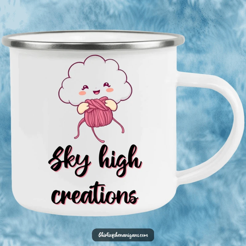 Funny Camping Mug: Cheerful cloud knitting a rainbow, a durable and humorous outdoor cup.