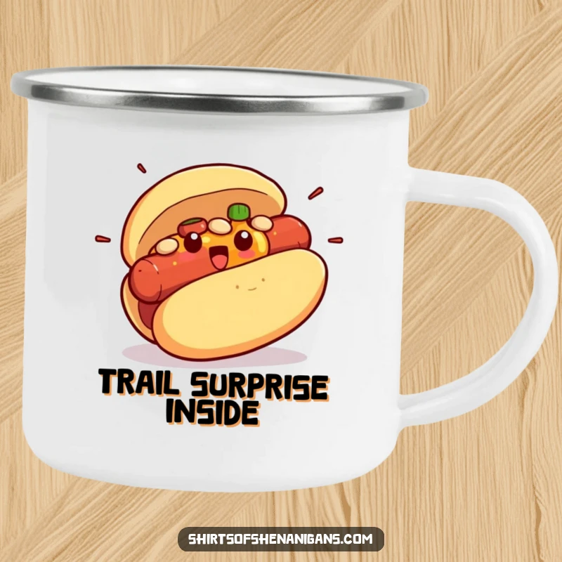 Funny camping mug with a shocked hot dog bun character dramatically bursting with its condiment filling, an outdoor novelty.
