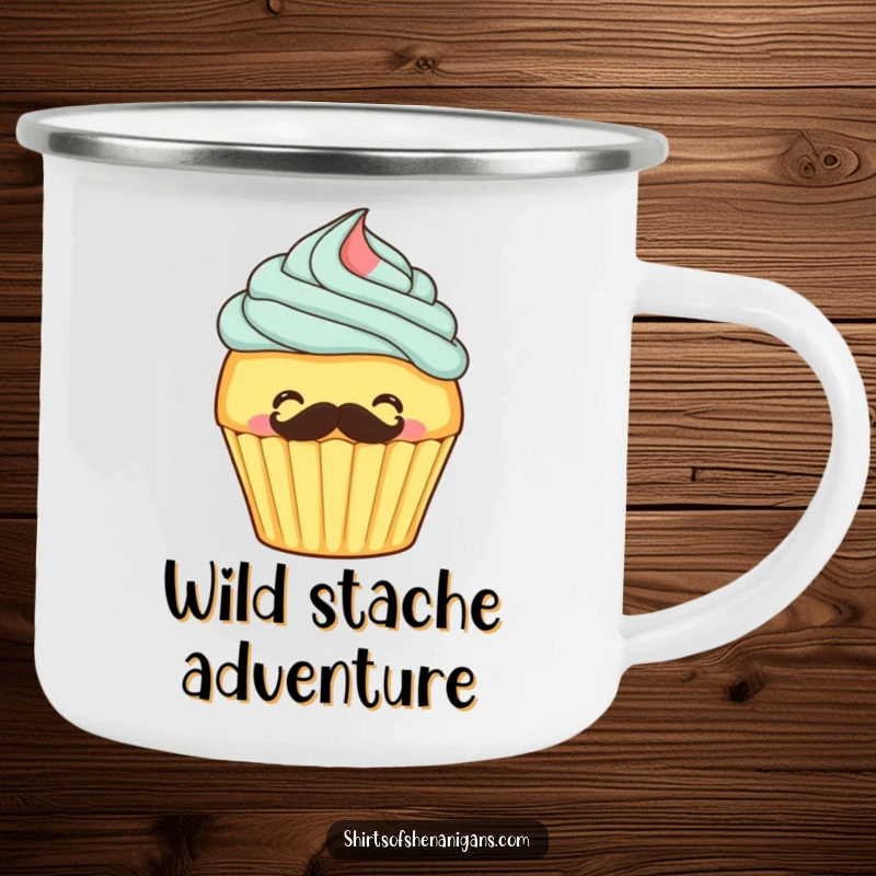 Funny camping mug with a cupcake frosting its own mustache, ideal for enjoying coffee or tea with a sweet twist.