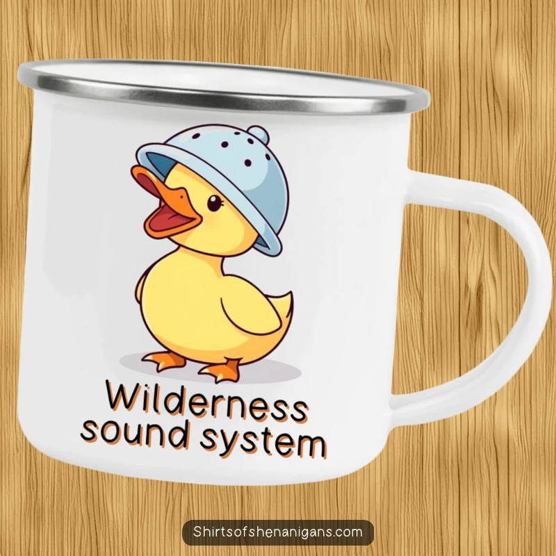 Funny camping mug: A quacking duck wearing a colander hat, ready for outdoor adventures and laughs.