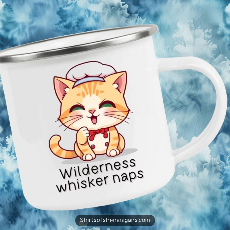 Funny Cat Chef Camping Mug: Playful cat batting whisker, perfect for outdoor drinks with a cat.