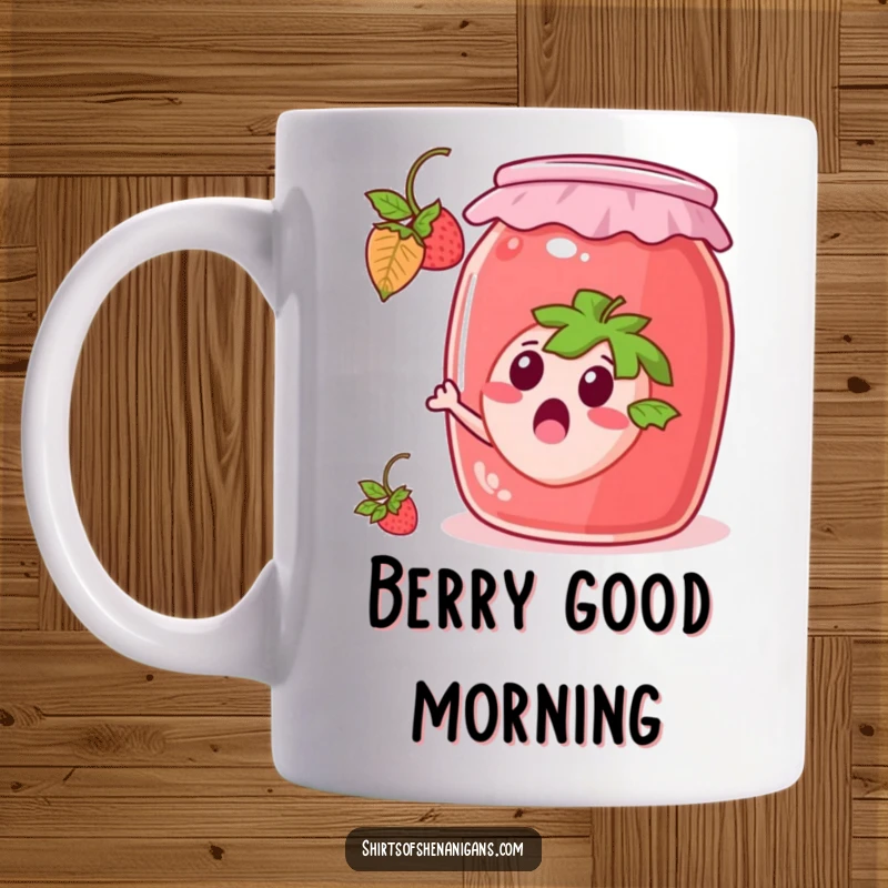 Funny Mug: Surprised strawberry attempting to escape a giant jam jar, a humorous and relatable food character.