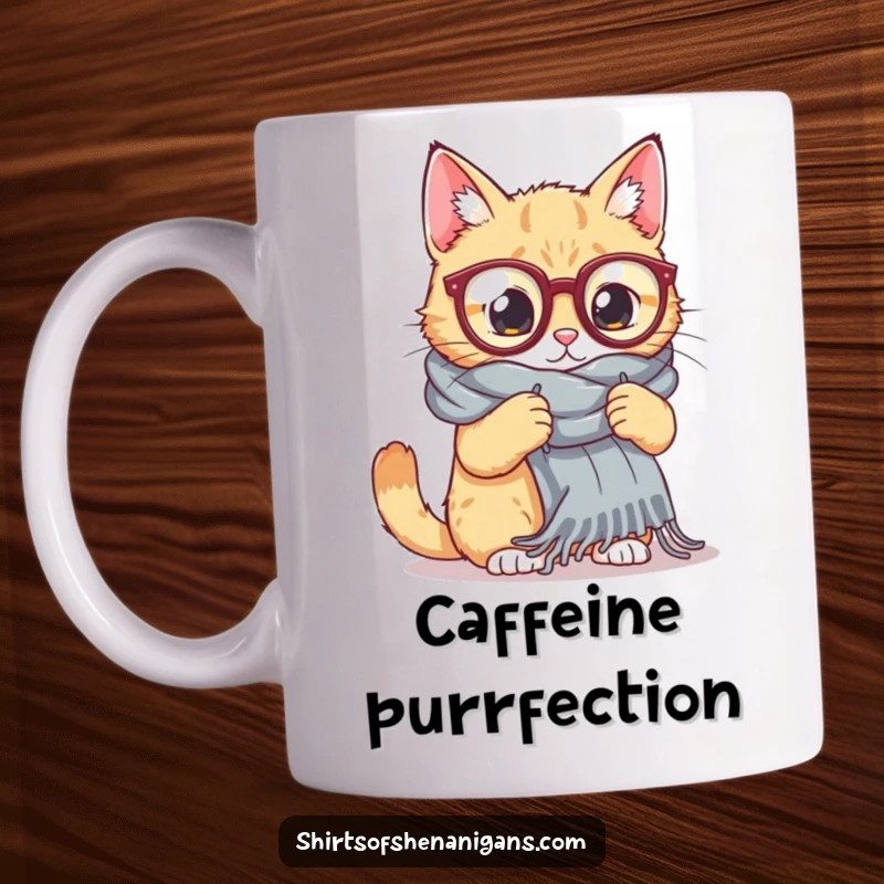 Funny Cat Knitting Mug: A cat in huge reading glasses struggles hilariously to knit an enormous scarf, a funny crafty scene.