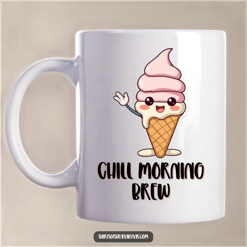 Funny ice cream cone mug featuring a cheerful character slightly melting while waving excitedly, perfect for a sweet treat.