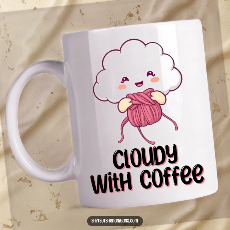Funny Mug: Cheerful cloud knitting a rainbow, a whimsical and humorous character creating art.