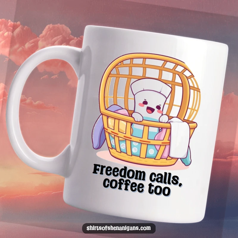 Funny mug featuring a giggling sock actively trying to escape from a overflowing laundry basket.