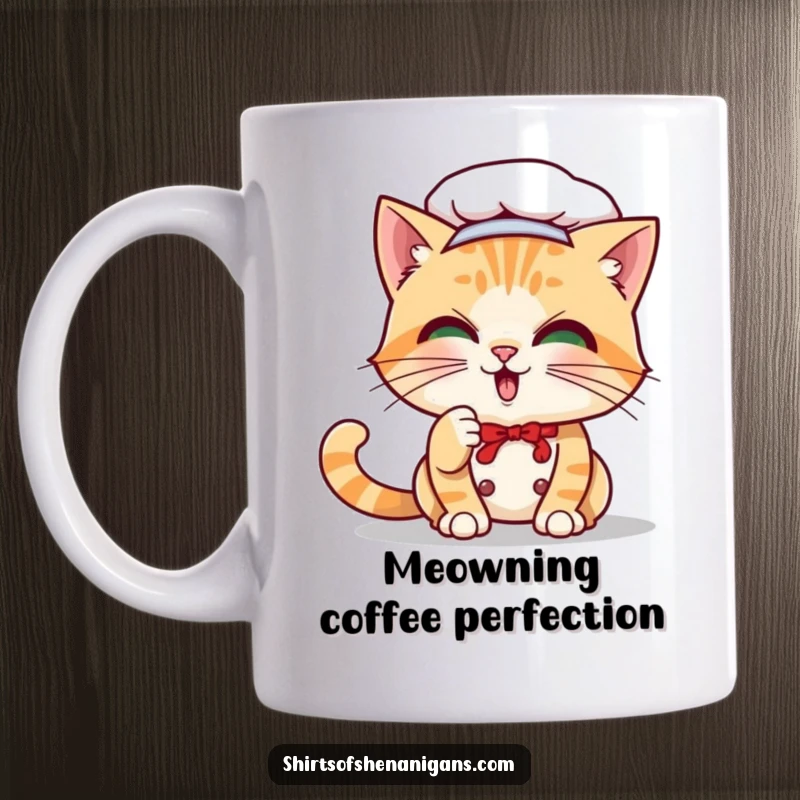 Funny Cat Chef Mug: A playful cartoon cat character batting at its own whisker in a chef hat.