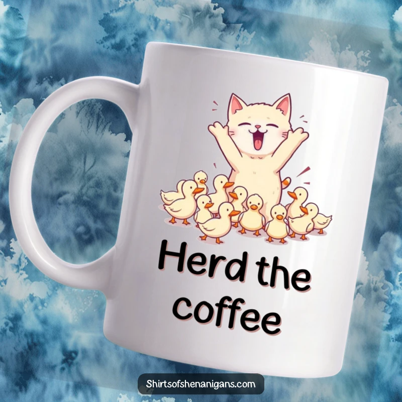 Funny mug featuring a chaotic cat hilariously trying to herd tiny ducks, capturing pet owner humor and a fun, funny gift.