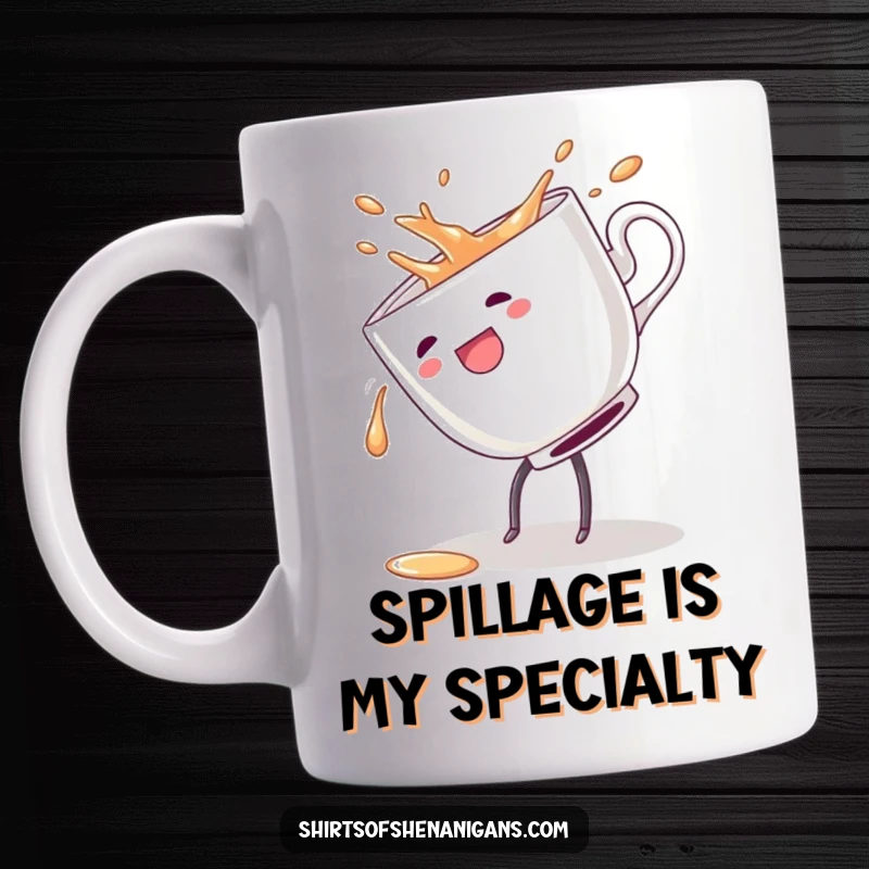 Funny mug showing a clumsy teacup mid-cartwheel, spilling its contents, representing playful mishaps and delightful spills.