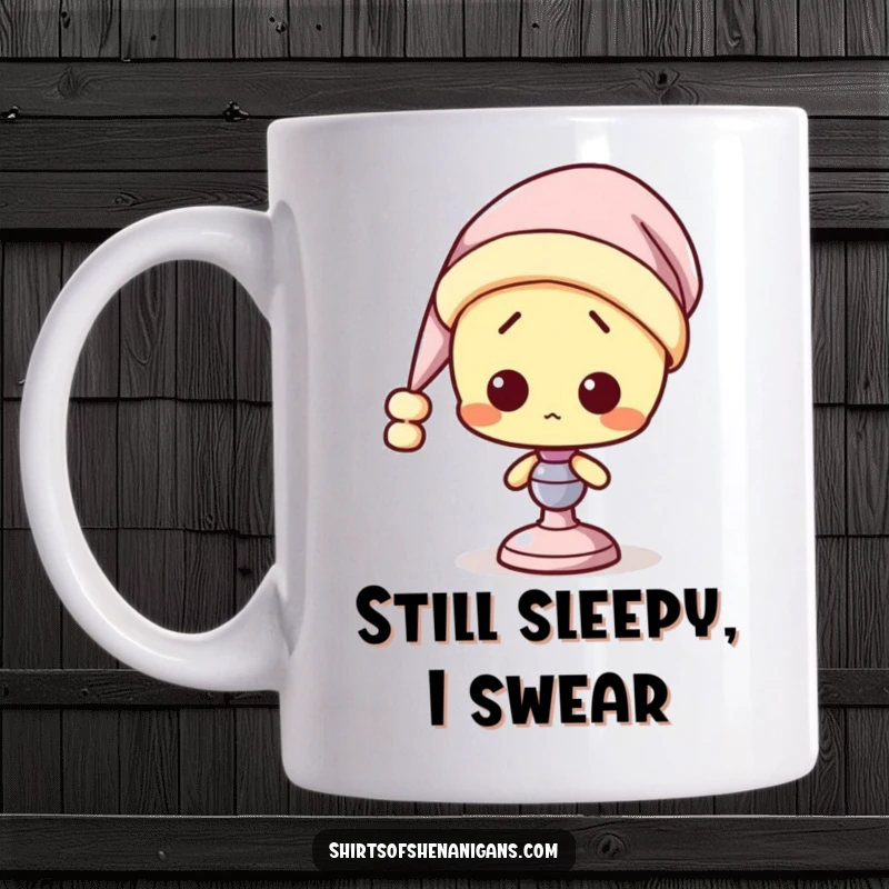 Funny Lamp Mug: A confused-looking lamp wearing a soft nightcap, questioning the morning light with sleepy eyes.