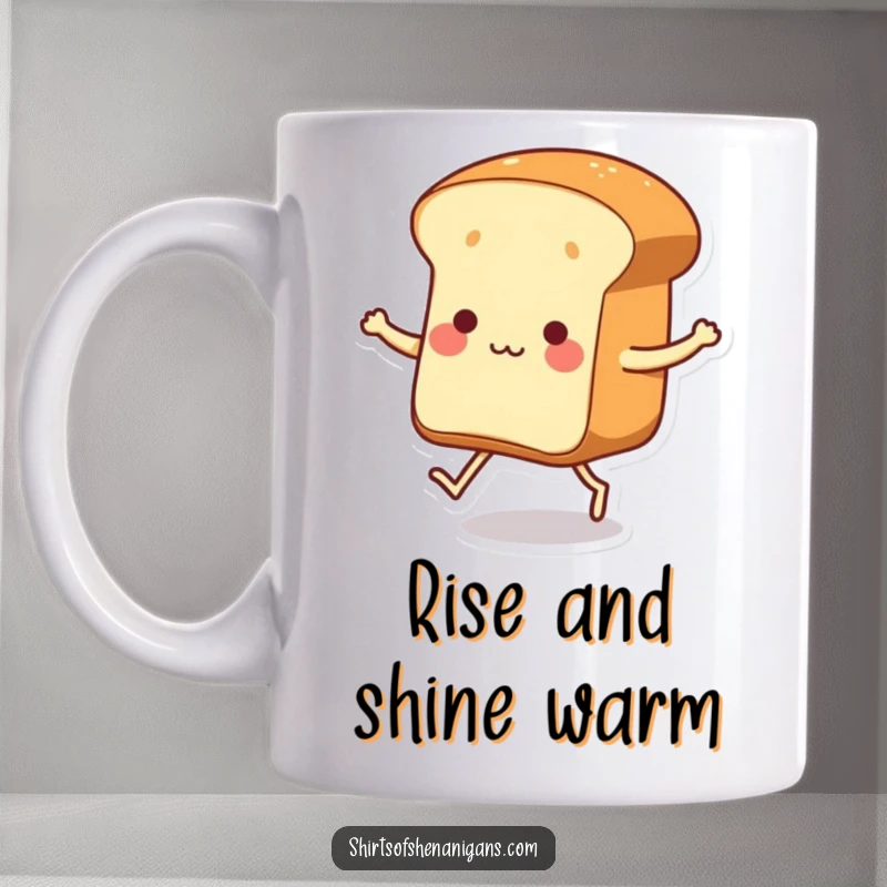 Funny dancing loaf of bread with tiny legs tapping its feet on a mug, celebrating baked goods joy.