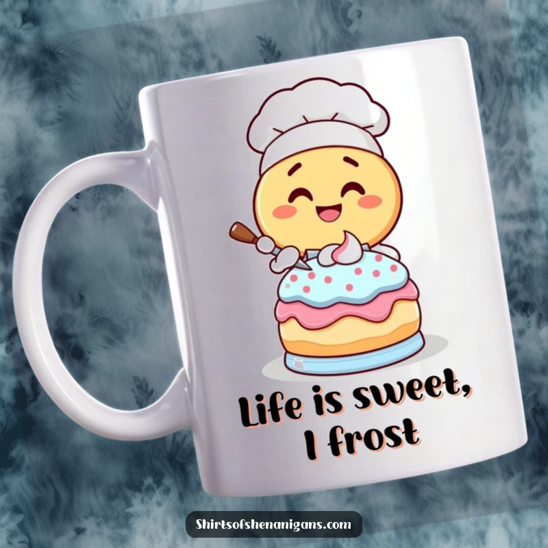 Funny Donut Chef Mug: A giggling cartoon donut character with frosting, joyfully frosting a cake.