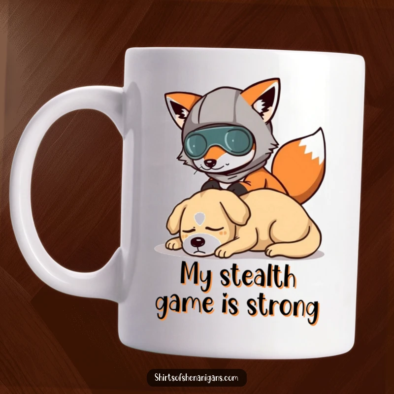 Funny mug with a cunning fox in a wig and sunglasses sneaking past a snoozing dog, capturing a comical stealth mission.