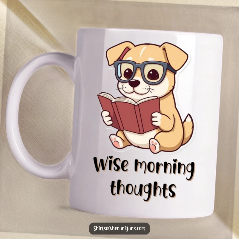 Funny mug with a dog wearing glasses, dramatically reading a very small book, intellectual canine humor.