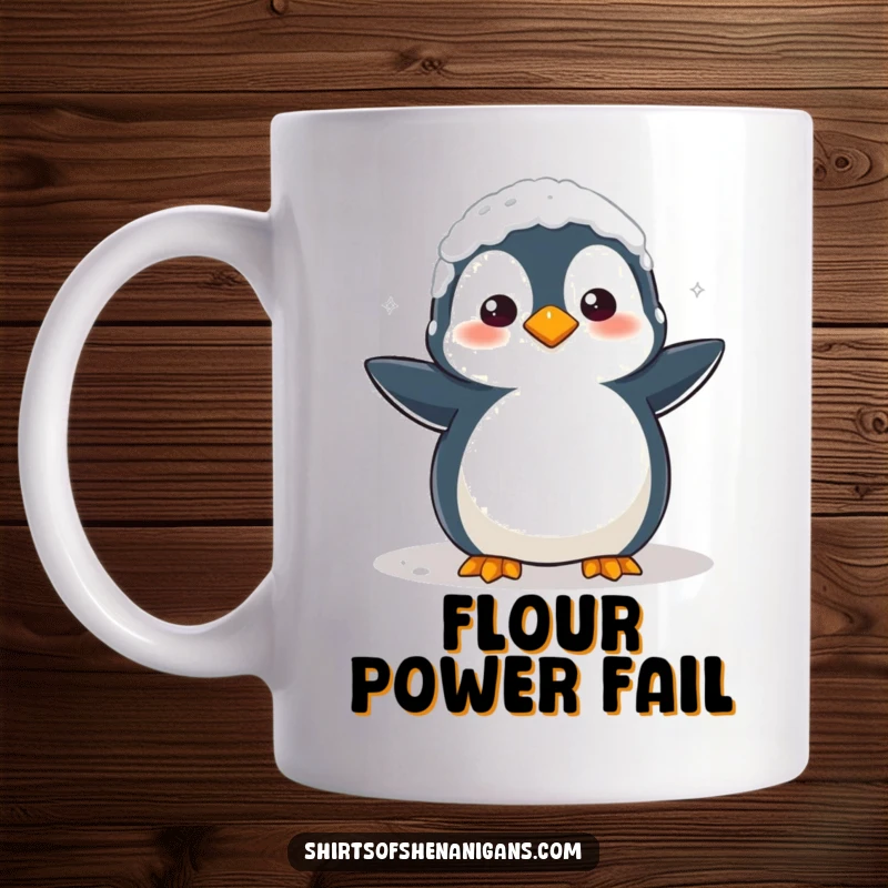 Funny Mug: A clumsy penguin covered in flour looks confused, perfect for kitchen mishaps and laughs.