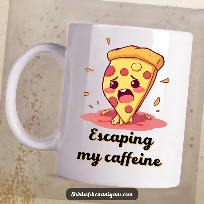Funny mug featuring a bewildered pizza slice comically attempting to escape an open, hungry mouth.