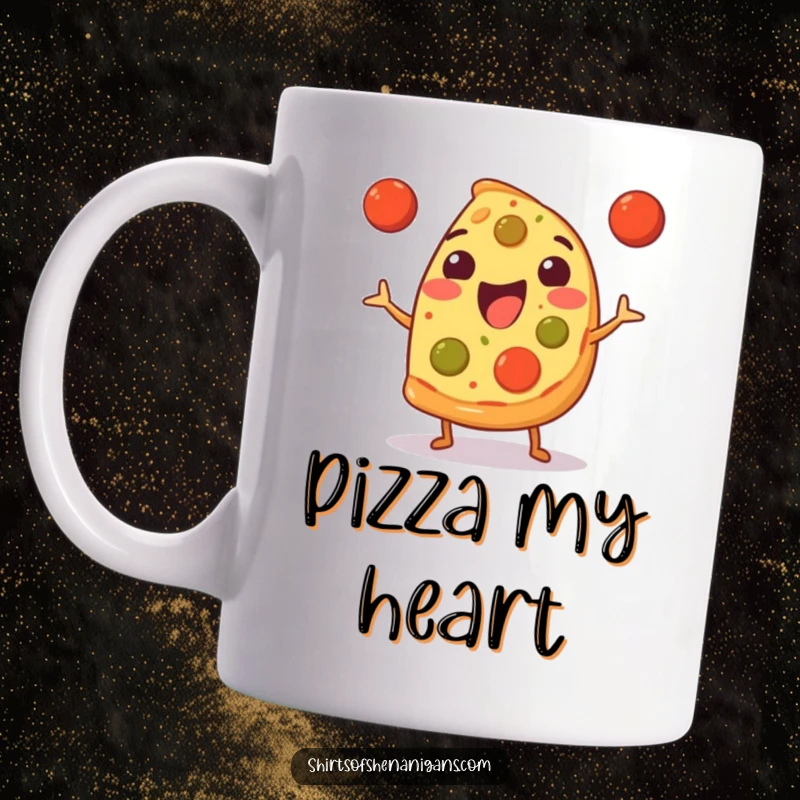 Funny Mug: Happy pizza slice juggling three tiny meatballs, a delightful and humorous food character.