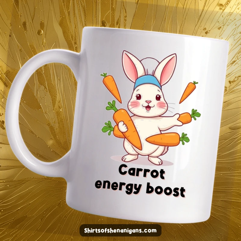 Funny mug showing a rabbit in a chef hat comically juggling several oversized carrots with a focused, energetic expression.