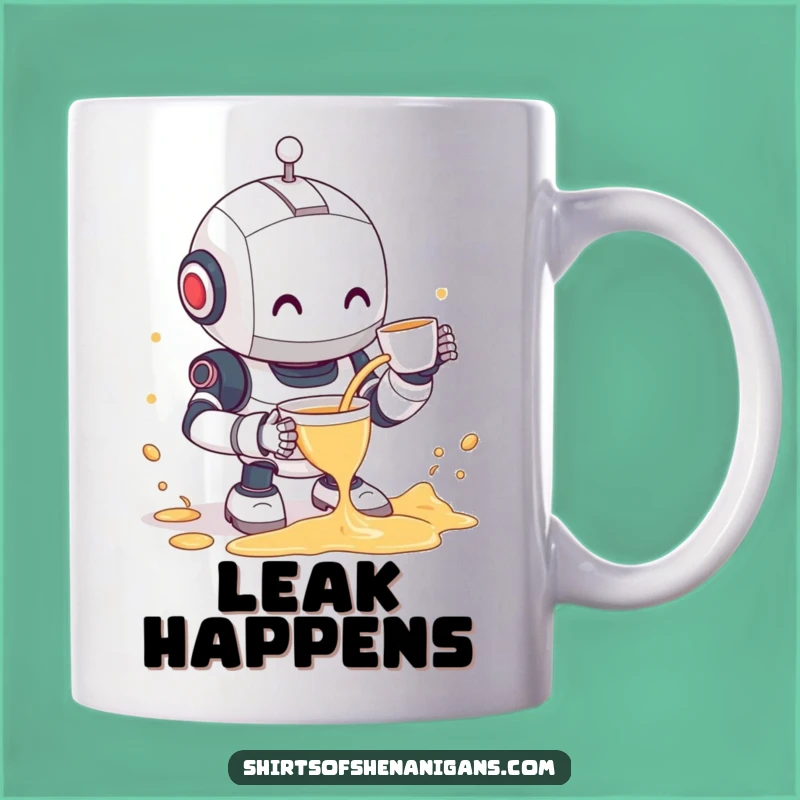 Funny Robot Tea Spill Mug - Clumsy Bot & Shy Smile Character Gift