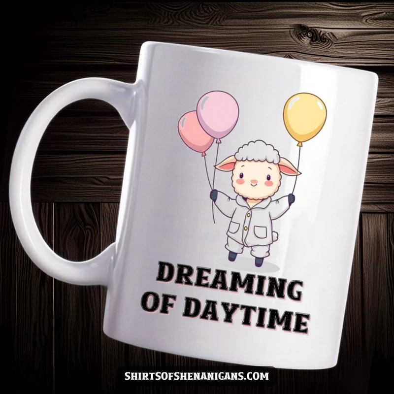 Funny mug featuring a sheep in pajamas comically trying to herd a flock of colorful, floating balloons with a determined expression.