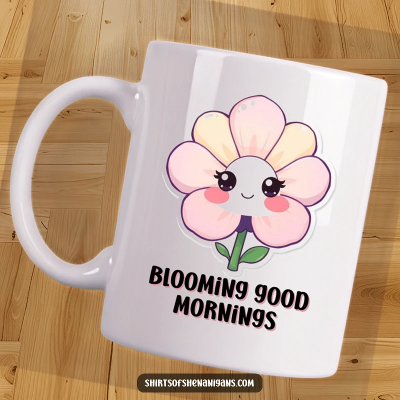 Funny mug featuring a shy flower with a hesitant smile, offering a gentle, sweet expression of quiet joy.
