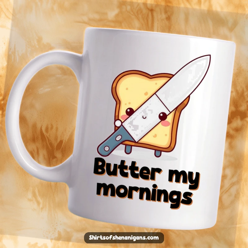 Funny shy toast mug, peeking cautiously from behind a large butter knife, symbolizing breakfast shyness and charm.