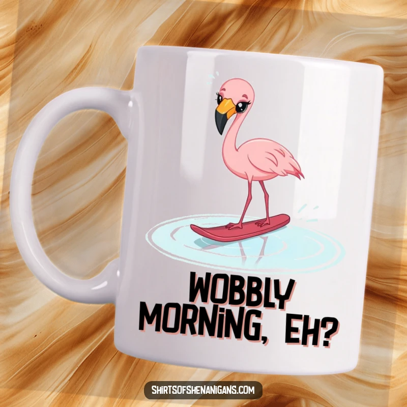 Funny startled flamingo mug, cross-eyed and failing at water skiing on a small puddle, symbolizing funny mishaps.