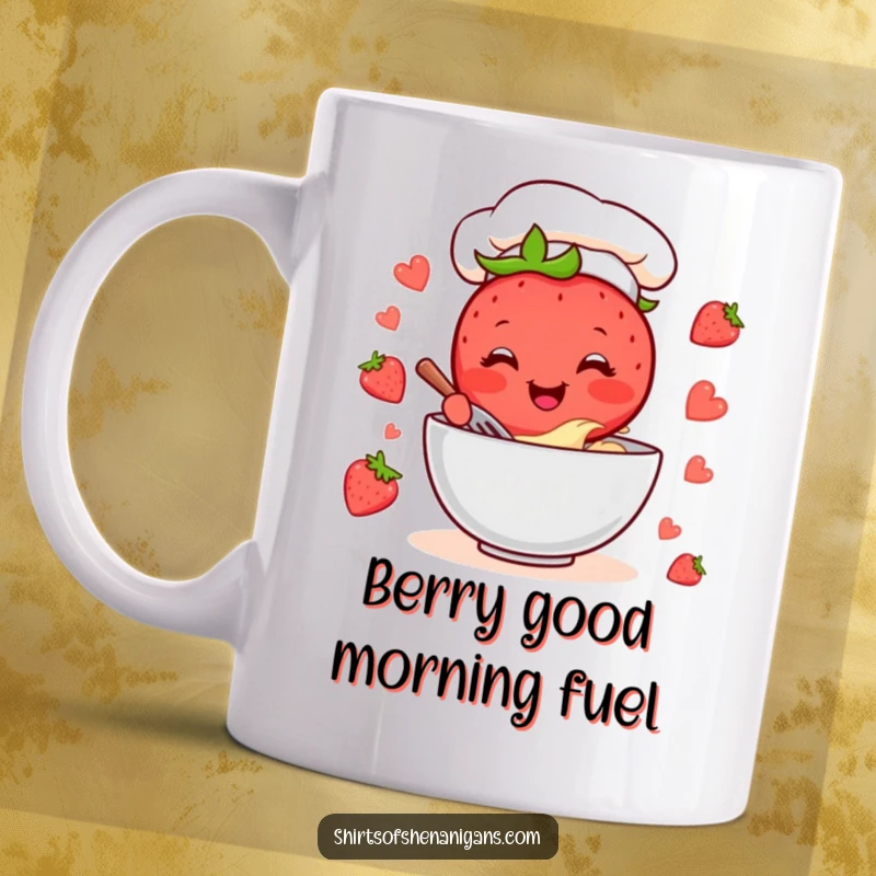 Funny Strawberry Chef Mug: A cheerful cartoon strawberry character happily mixing batter in a bowl, ready to bake.