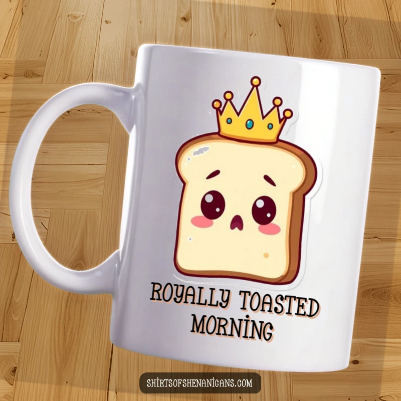 Funny Toast Mug: A surprised slice of toast wearing a tiny golden crown, looking quite taken aback.