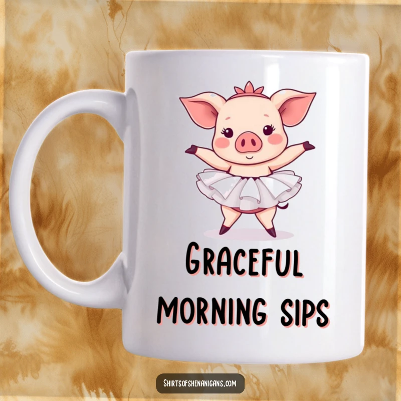 Funny pig mug featuring a pig in a tutu attempting a ballet pose with comical enthusiasm, perfect for humor.