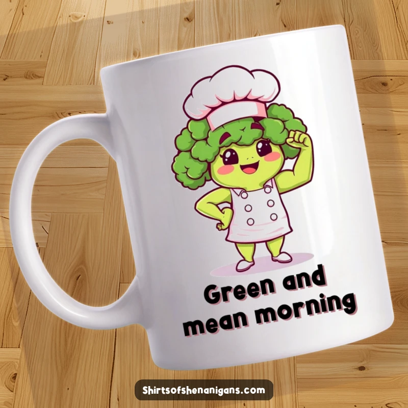 Funny Broccoli Chef Mug: A proud cartoon broccoli character flexing a tiny muscle in a chef hat.
