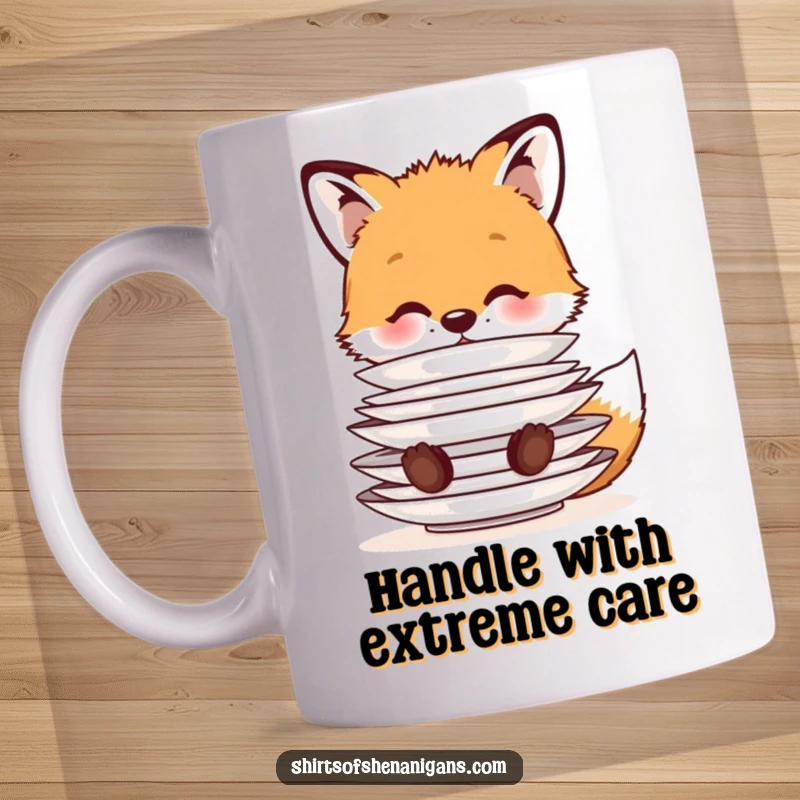 Funny Mug: A cute fox cub skillfully balancing a tall stack of plates on its nose, showcasing impressive and humorous dexterity.