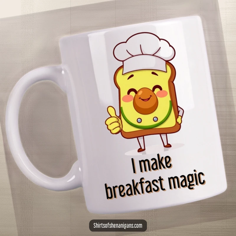 Funny avocado toast chef giving a thumbs up, celebrating culinary success with a beaming smile on this ceramic mug.
