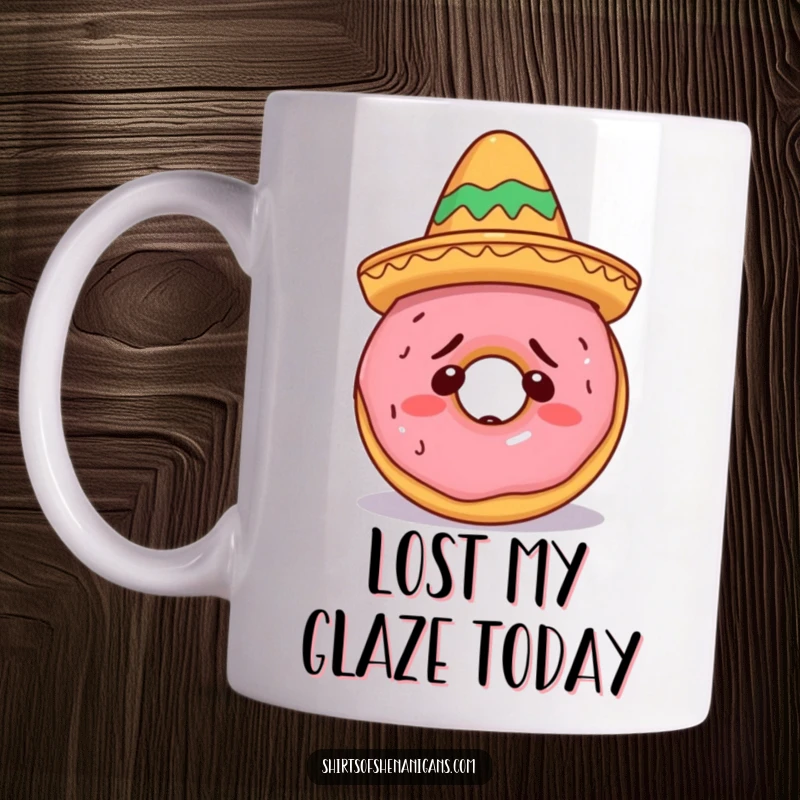 Funny Confused Doughnut Sombrero Mug showing a delightful doughnut struggling to wear a tiny festive sombrero, a comical and funny gift.