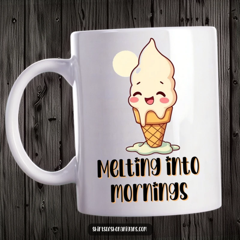 Funny mug showing a giggling ice cream cone dramatically melting under the hot sun, a sweet and comical treat.