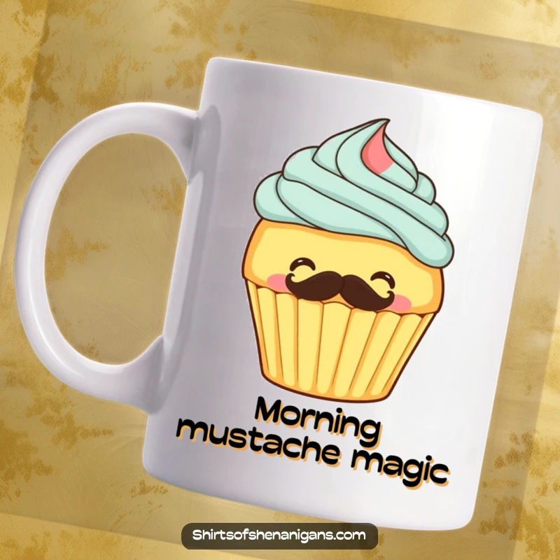 Funny mug depicting a giggling cupcake joyfully frosting a mustache onto its own top, celebrating playful indulgence.