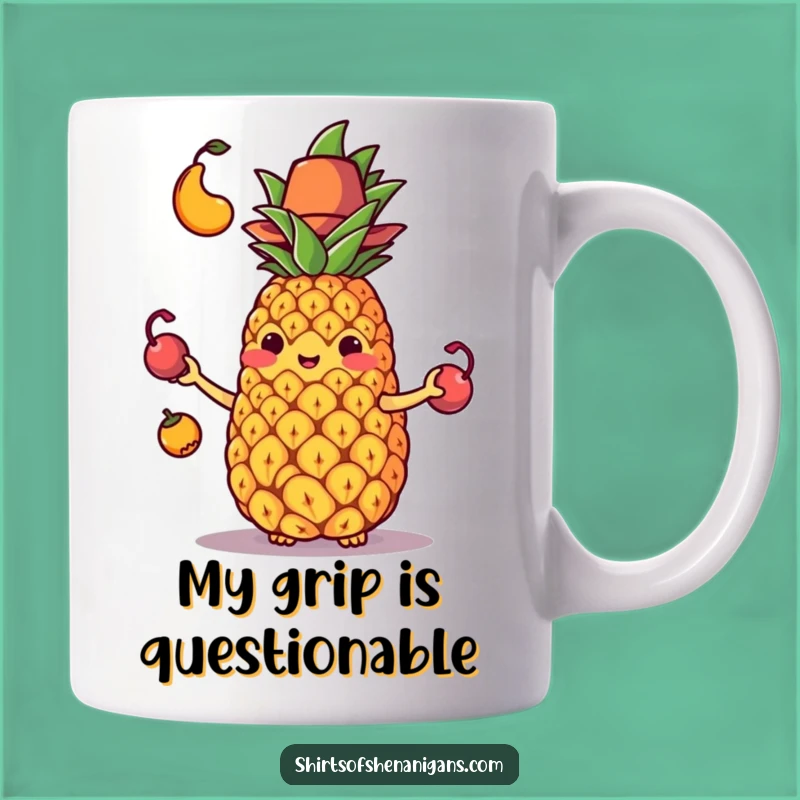 Funny Juggling Pineapple Mug: A hilariously clumsy fruit design, the perfect funny gift for a laugh.